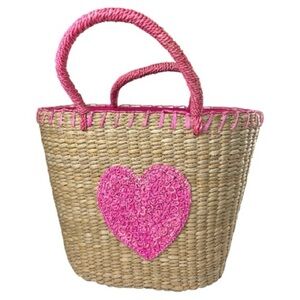 Pink Heart Straw Tote Bag with Rosette Accent and Pink Stitching